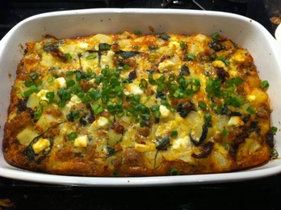 Hearty Potato Strata with Spinach, Sausage and Goat Cheese